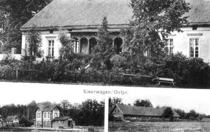 012 0001 Postkarte Eiserwagen mit Ansicht Gutshaus Bahnhof und Insthaus