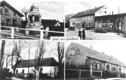 022 0064 Alte Postkarte von Goldbach Sie zeigt das Heldendenkmal das Gasthaus Wadehn die Kirche und die Schule