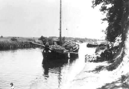 046 0025 Ein beladenes Holz Frachtschiff unterhalb der Holzablage auf der Alle