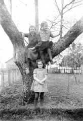 065 0051 Anwesen Otto Dunkel 1940 Im Baum Gerda Napiwotzki Gerda und Helga Dunkel Im Hintergrund sind Stall und Insthaus zu sehen