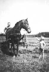 070 0005 Ernst Hinz auf der Harke Sohn Reinhold spricht mit dem Fuchswallach Im Hintergrund rechts der Wald der Familie Hinz