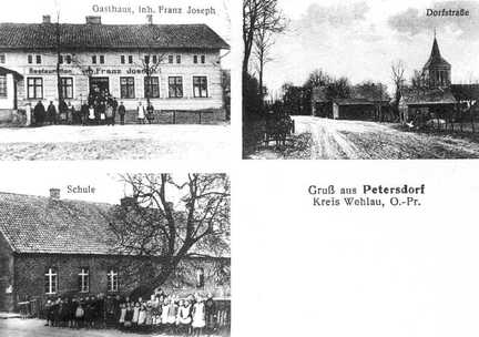 073 0005 Alte Postkarte von Petersdorf Sie zeigt das Gasthaus Joseph in der Dorfstrasse die Kirche und die Schule