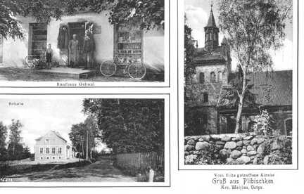 076 0054 Grusskarte aus Plibischken Kaufhaus Gottaut die Schule und die Kirche