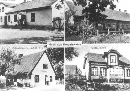 080 0011 Alte Postkarte von Pregelswalde Gasthaus Schule Kolonialwarengeschaeft Ely und die Gendarmerie