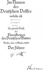 094 0002 Vom Fuehrer verliehen das Ehrenkreuz der Deutschen Mutter an Meta Darge geborene Szimmetat