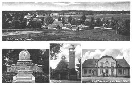 094 0044 Alte Postkarte aus Schirrau Die Karte zeigt einen Blick ueber das Dorf das Denkmal die Kirche und das Gasthaus Zum schwarzen Adler