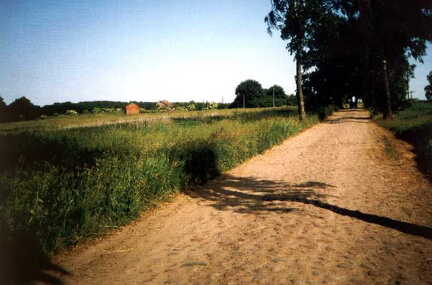 096 1003 Die Dorfstrasse nach Schorkenicken Links im Hintergrund Bauten in denen die Familien Kielhorn und Hasenbein wohnten Hier im Jahre 1992