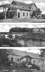 106 0029 Eine alte Postkarte mit den Abbildungen des Gasthauses Podien mit der Tankstelle der Schleuse und der Gartenansicht des Gutshauses