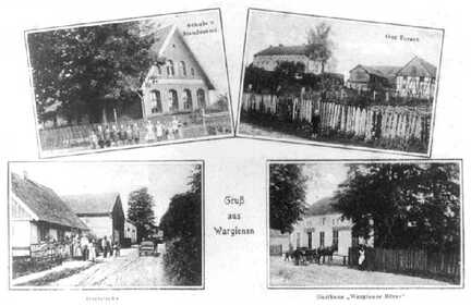 109 0053 Alte Postkarte von Wargienen Oben links die Schule oben rechts das Gut Porsch unten links die Dorfstrasse und das Gasthaus Wargiener Boerse