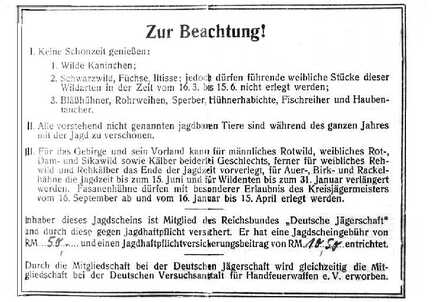 111 0029 Rueckseite des Jagdscheines aus dem Jahre 1943